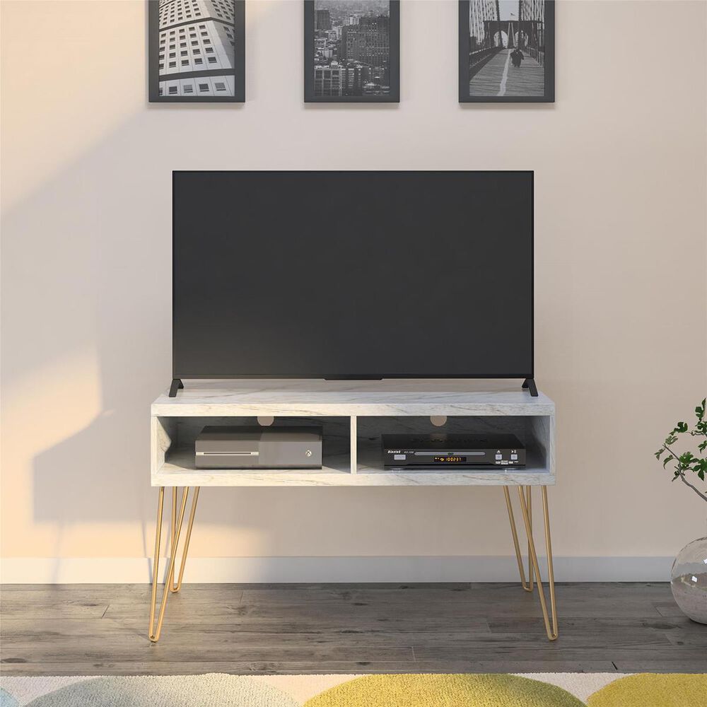 Athena 42" TV Stand in Faux White Marble and Gold, , large