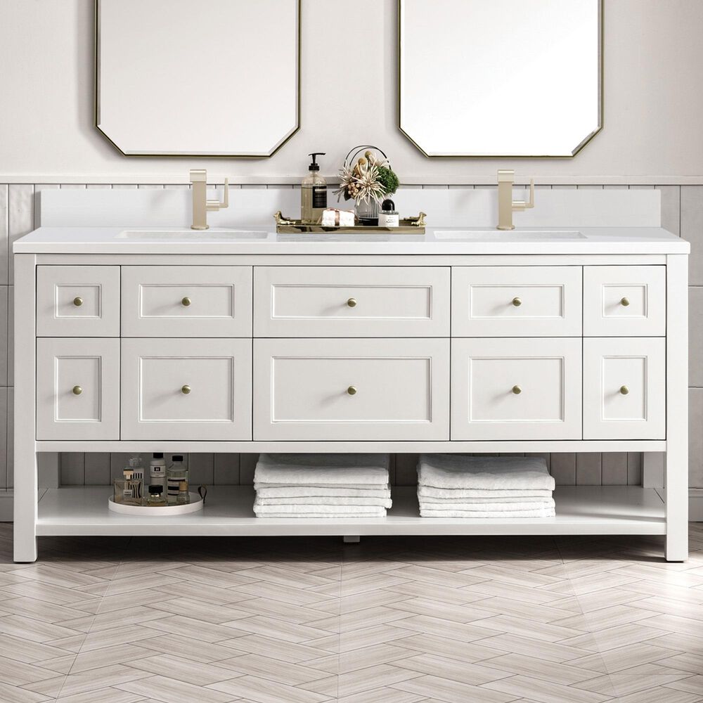 James Martin Vanities Breckenridge 72&quot; Double Bathroom Vanity in Bright White with Single Hole 3 cm White Zeus Quartz Top and Rectangular Sinks, , large