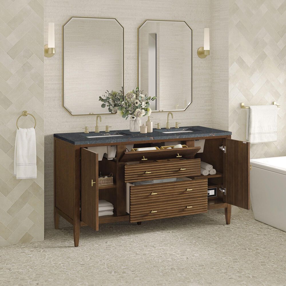 James Martin Vanities Myrrin 60&quot; Double Vanity in Mid Century Walnut with 3 cm Parisien Bleu Quartz Top, , large