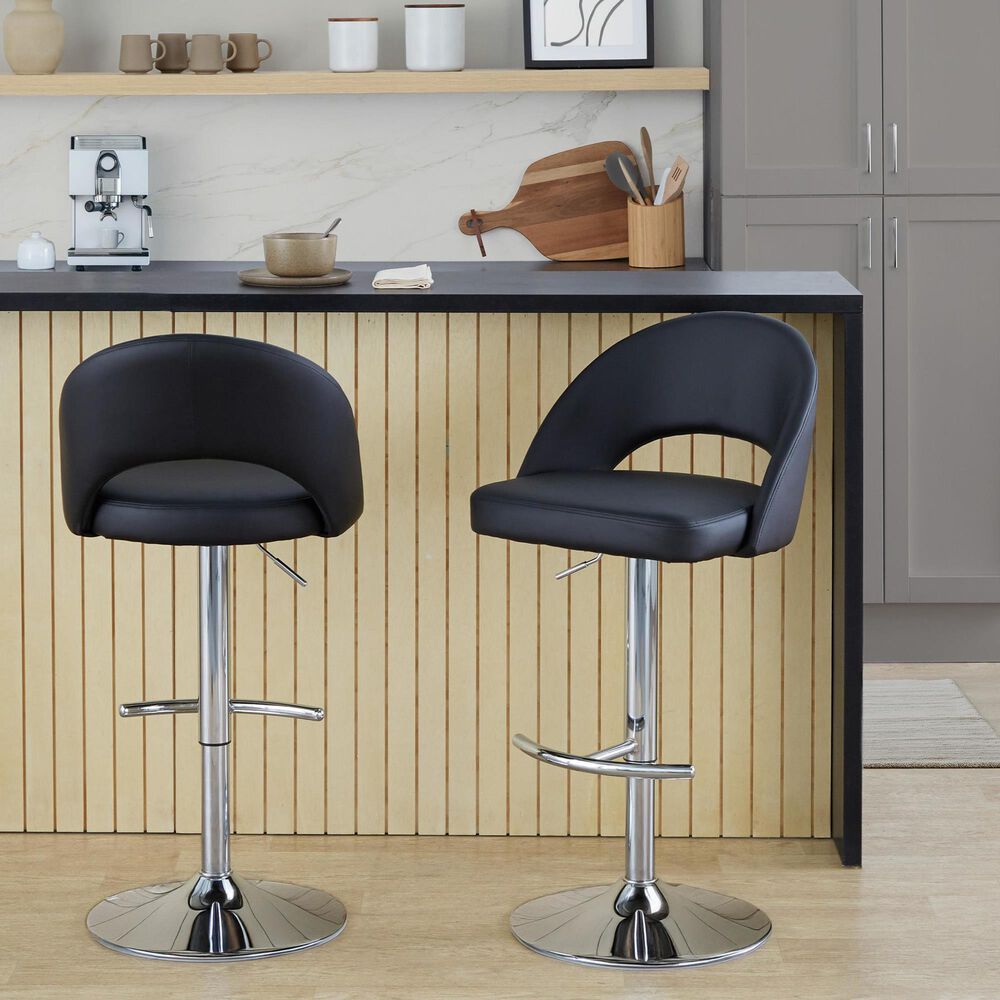 LumiSource Renee Adjustable Swivel Bar Stool with Black Faux Leather Upholstery in Chrome (Set of 2), , large