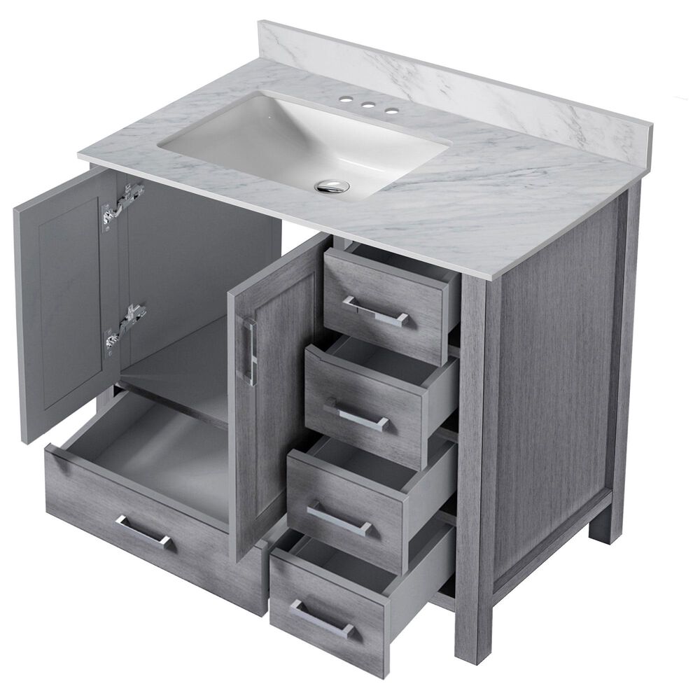 Lexora Home Jacques 36&quot; Left Offset Single Bathroom Vanity in Distressed Grey with 2 cm White Carrara Marble Top and Rectangular Sink, , large