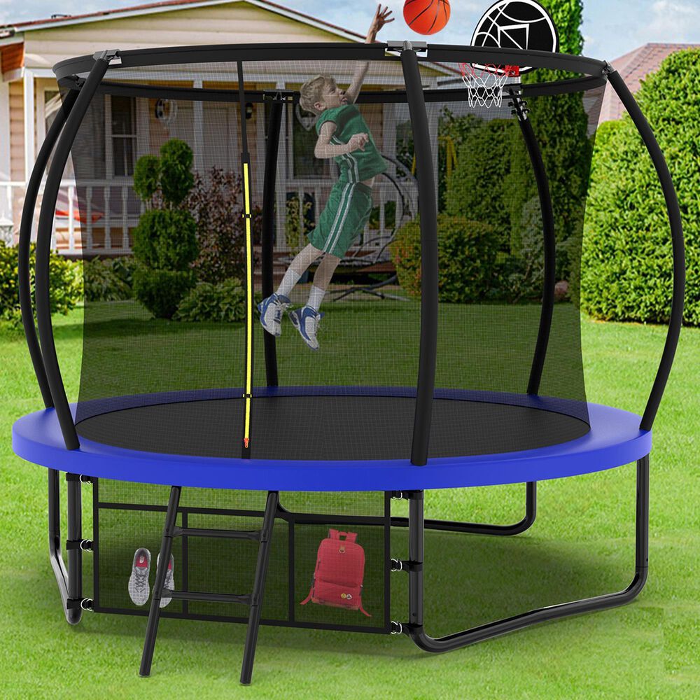 HOMLUX 10' Outdoor Trampoline with Enclosure Net and Ladder in Blue, , large