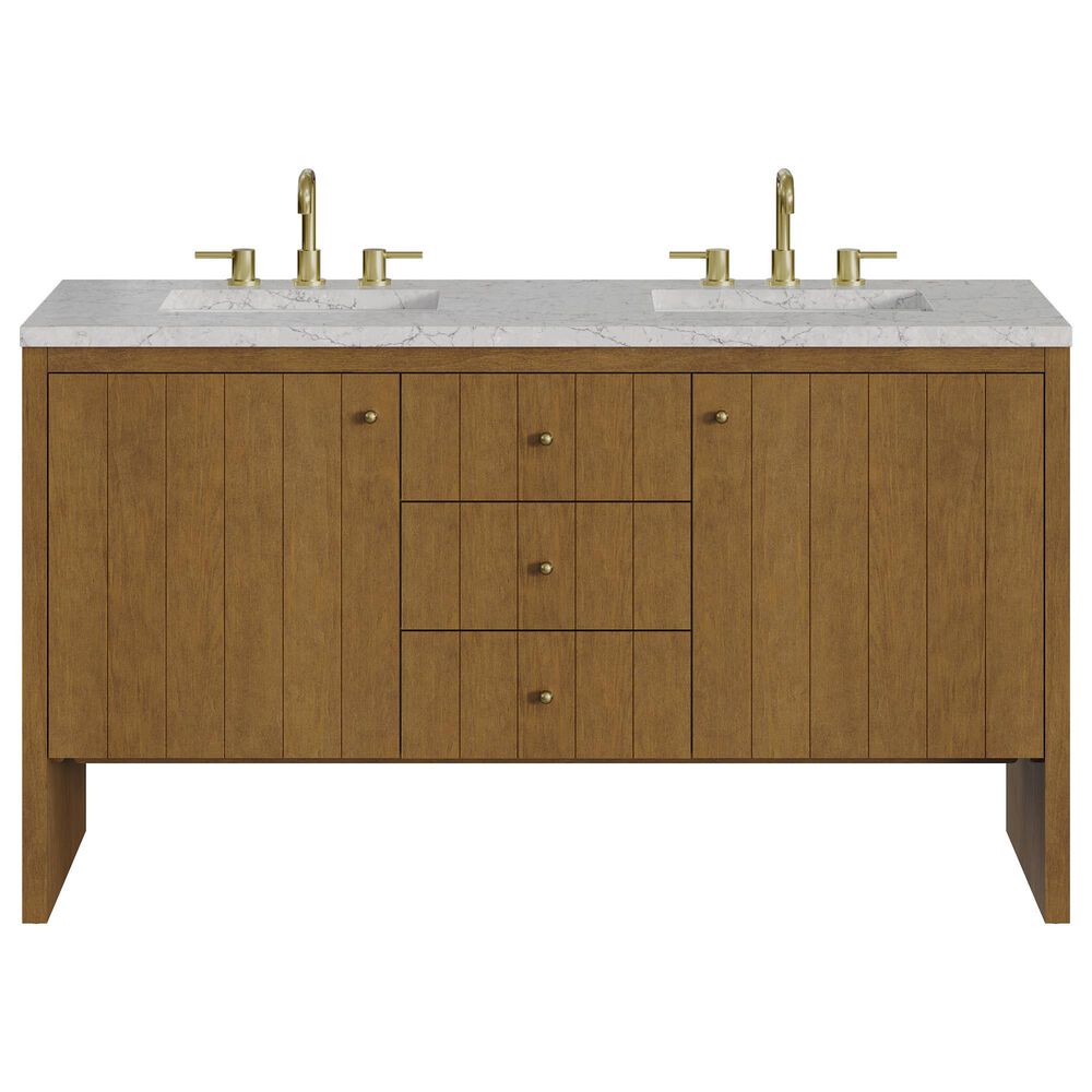 James Martin Hudson 60" Double Bathroom Vanity in Honey Oak with 3 cm Eternal Jasmine Pearl Silestone Top and Rectangular Sinks, , large