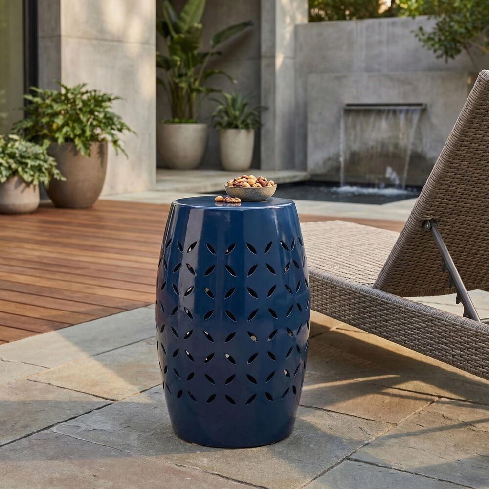Hearth and Haven Lilac Outdoor Metal Side Table with Cylindrical Design in Dark Blue, , large