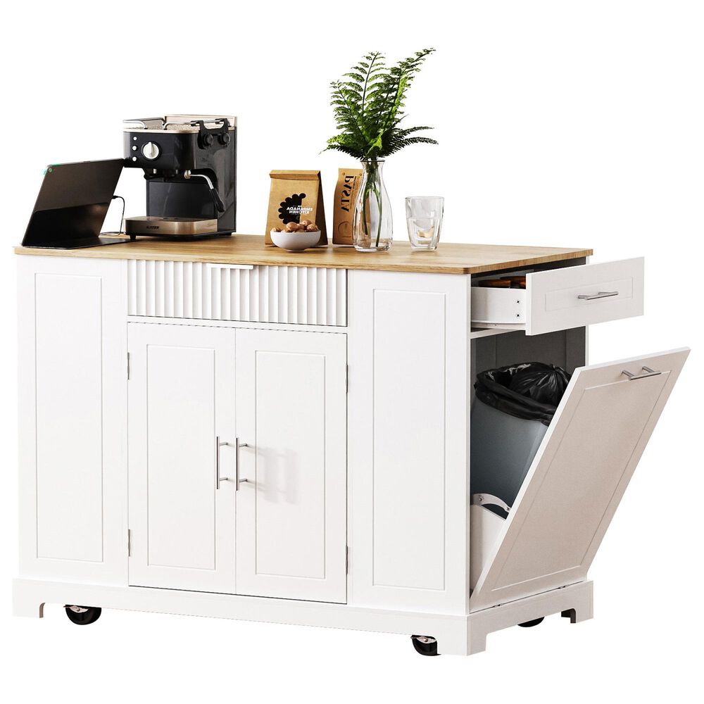 HOMLUX 47" Fluted Kitchen Island with Trash Can Storage Cabinet in White and Natural, , large