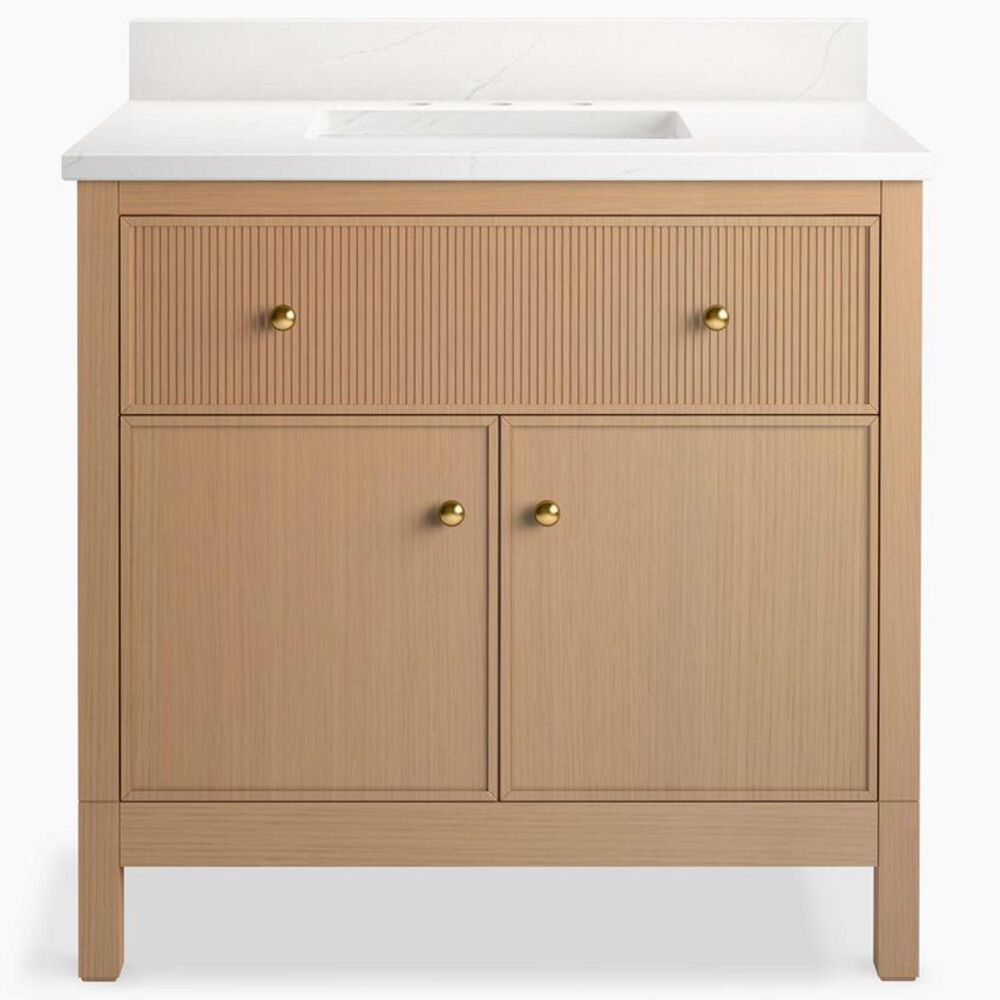 Kohler Malin 36" Single Bathroom Vanity in White Oak with 3 cm White Quartz Top and Rectangular Sink, , large