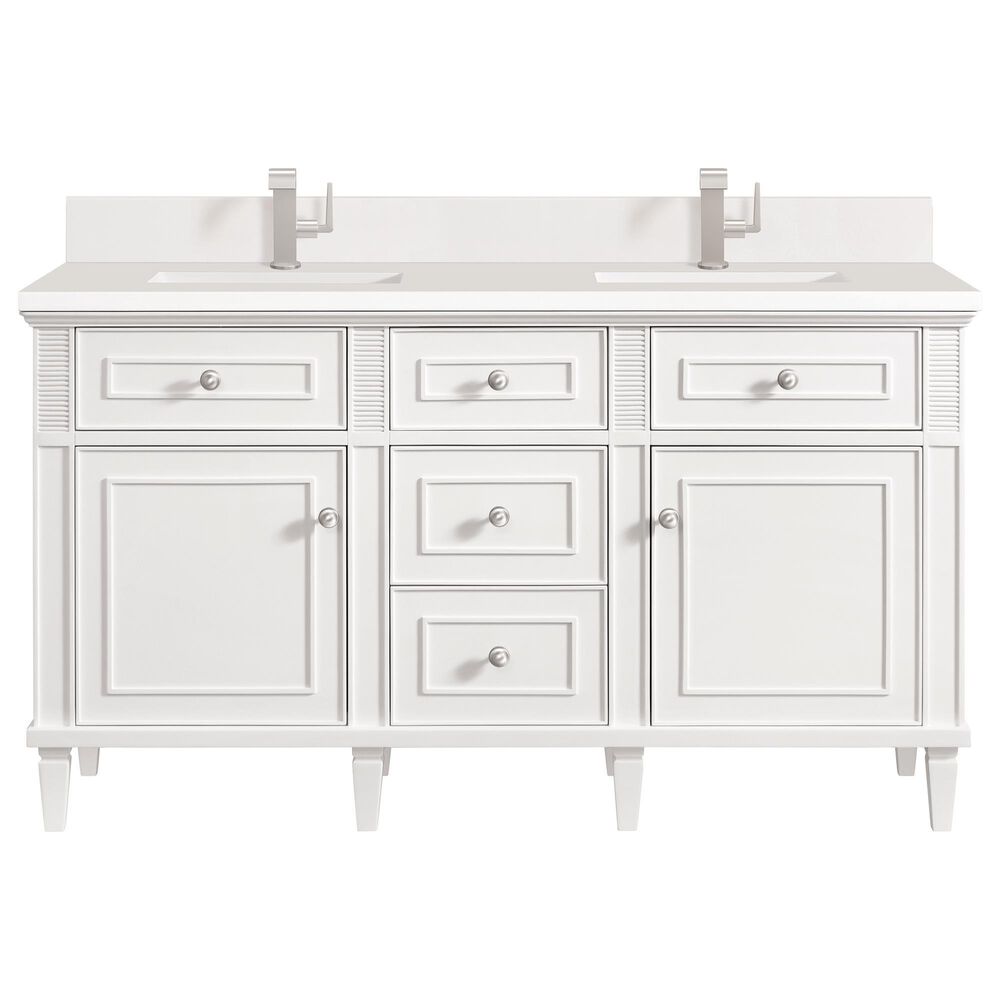 James Martin Vanities Lorelai 60" Double Vanity in Bright White with Single Hole and 3 cm White Zeus Quartz Top & Backsplash, , large