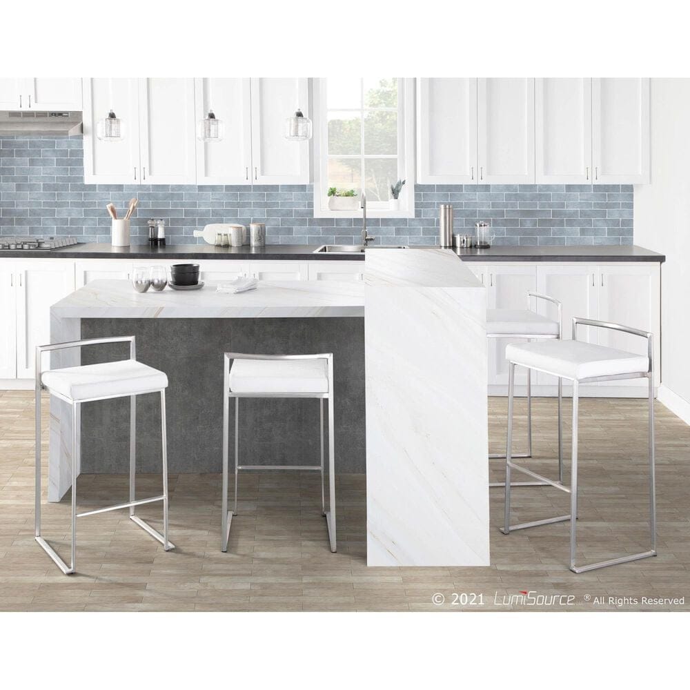 Lumisource Fuji High Back Barstool with White Velvet in Stainless Steel &#40;Set of 2&#41;, , large