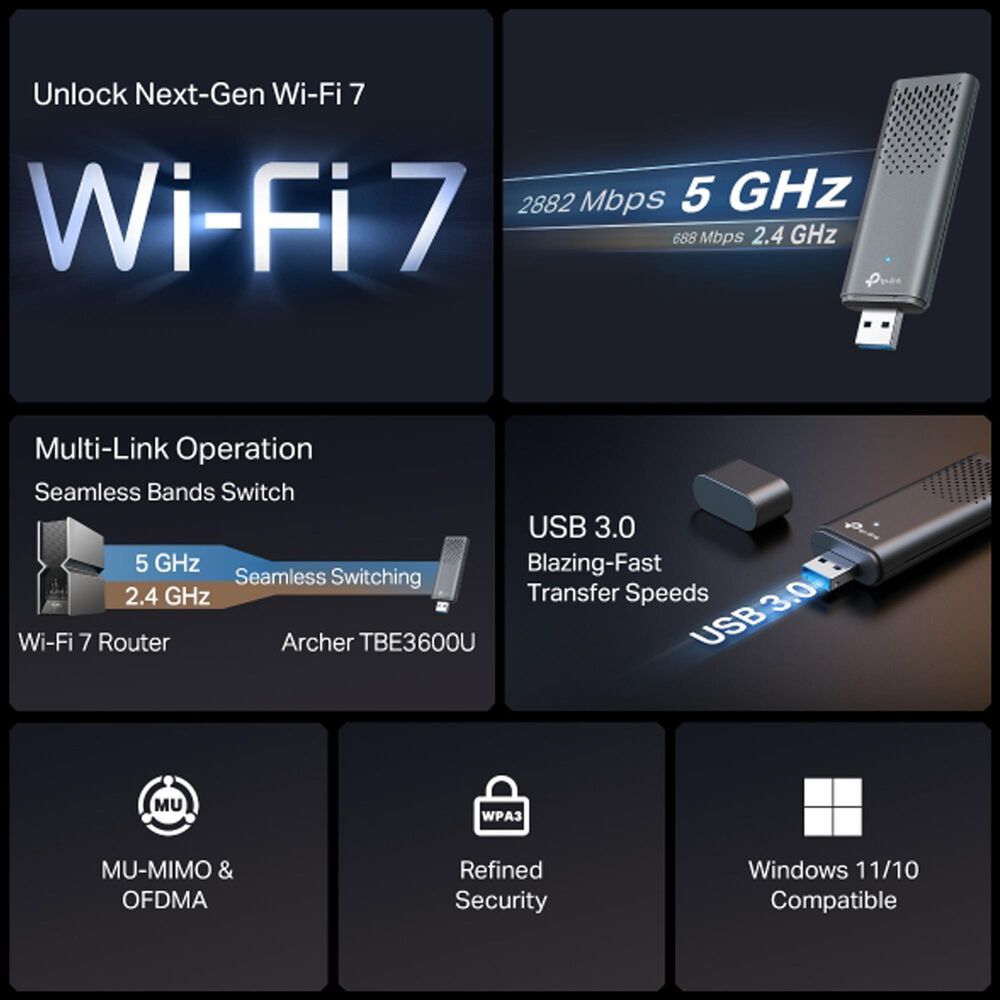 TP-Link Archer TBE3600U Dual-Band Wi-Fi 7 Wireless USB Adapter in Gray, , large