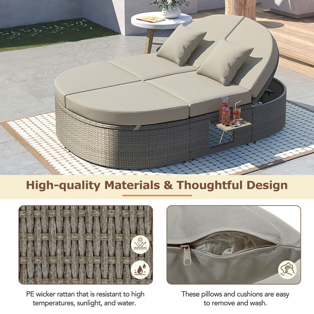 HOMLUX 2-Person Outdoor Daybed with Adjustable Backrests and Foldable Cup Trays in Gray, , large
