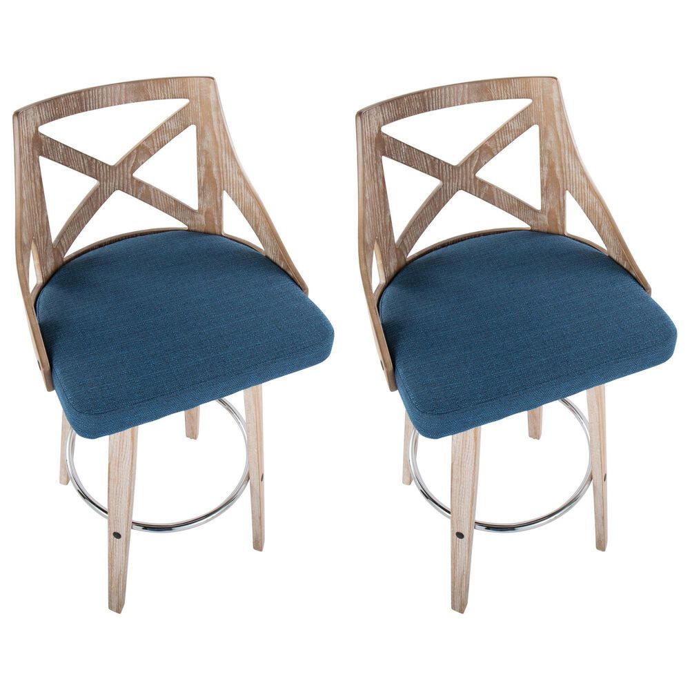 LumiSource Charlotte Swivel Bar Stool with Blue Fabric Upholstery in Whitewashed and Chrome (Set of 2), , large