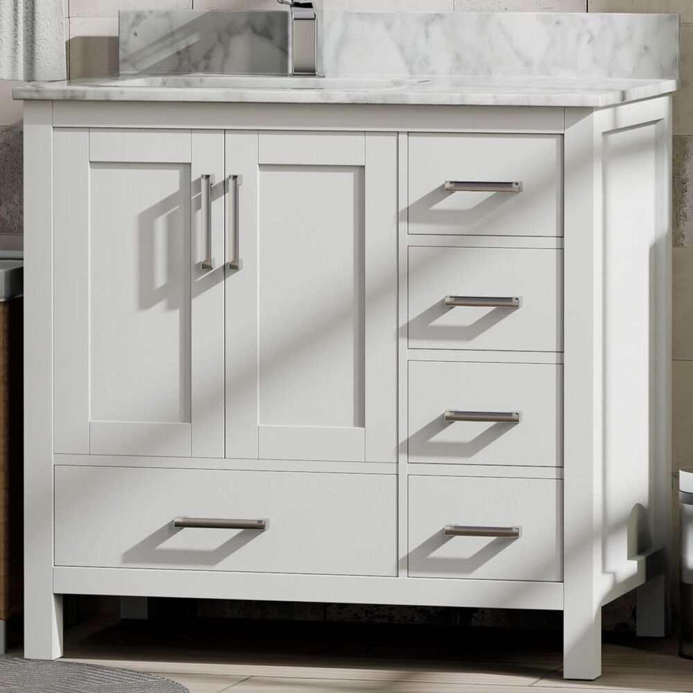 Lexora Home Jacques 36&quot; Left Offset Single Bathroom Vanity in White with 2 cm White Carrara Marble Top and Rectangular Sink, , large