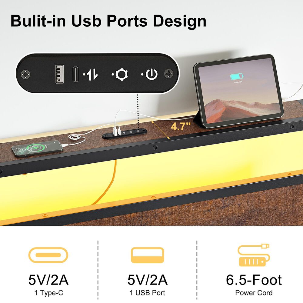 HOMLUX Industrial Twin Platform Bed with LED Headboard and Charging Station in Rustic Brown, , large
