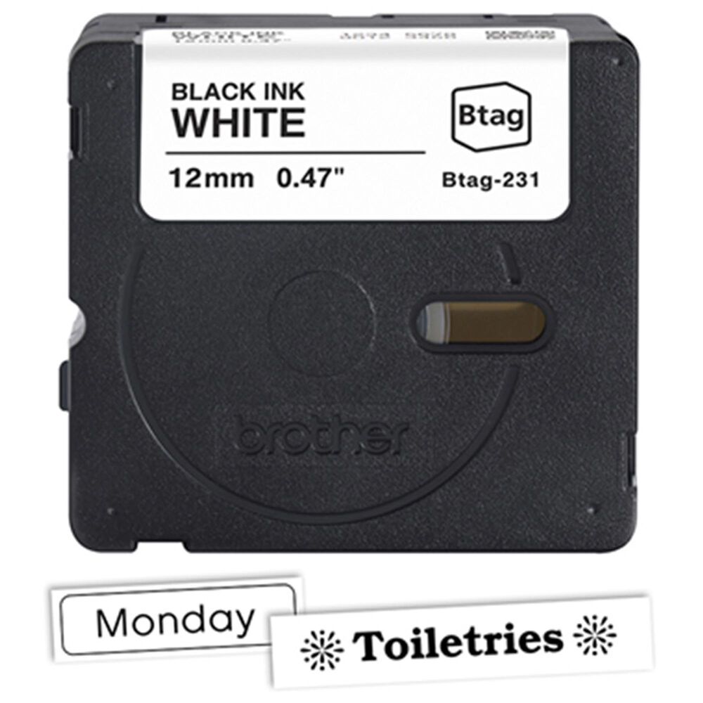 Brother 12mm x 4m P-touch Btag Black on White Label Tape, , large