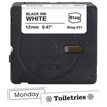 Brother 12mm x 4m P-touch Btag Black on White Label Tape, , large