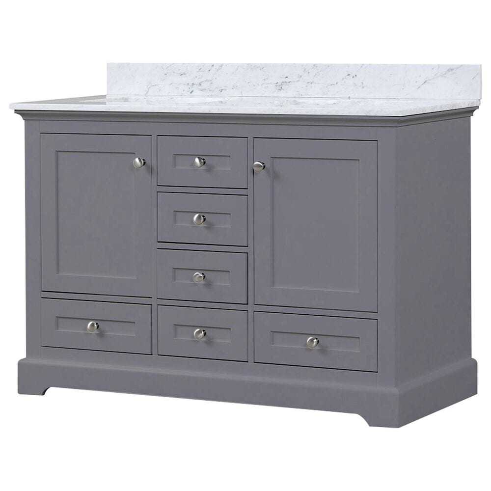 Lexora Home Dukes 48" Double Bathroom Vanity in Dark Grey with 2 cm White Carrara Marble Top and Rectangular Sinks, , large