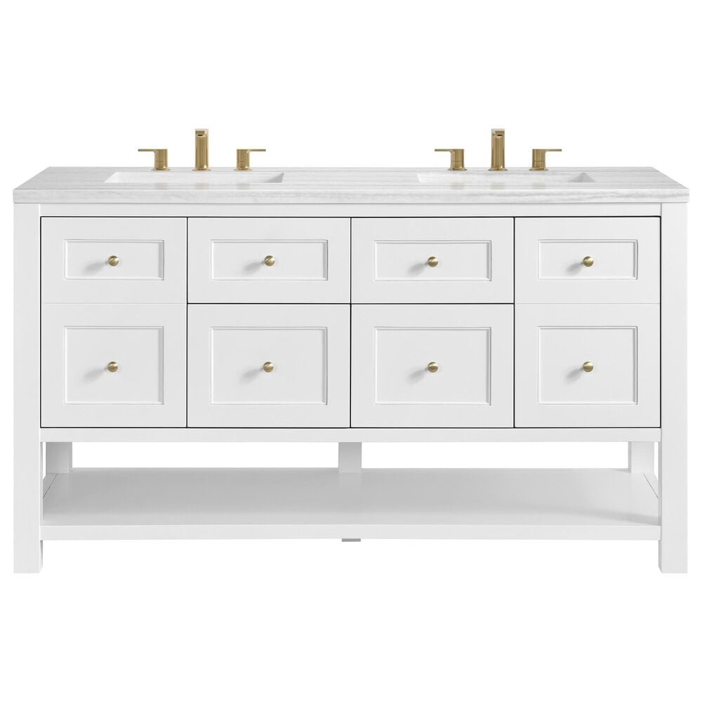 James Martin Vanities Breckenridge 60" Double Bathroom Vanity in Bright White with 3 cm Arctic Fall Solid Surface Top and Rectangular Sinks, , large
