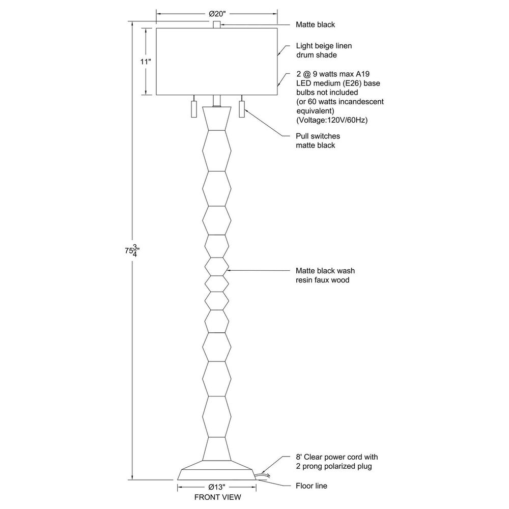 Renwil Phyllis Floor Lamp in Matte Black Wash, , large