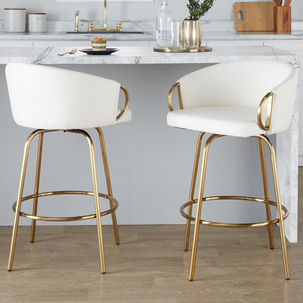 LumiSource Claire Swivel Counter Stool with White Faux Leather Upholstery in Gold (Set of 2), , large