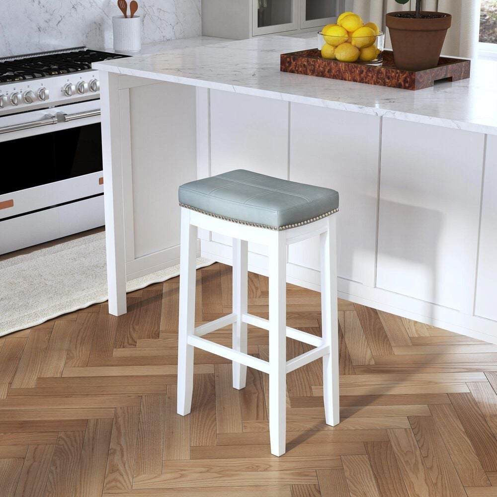 Linon Home Decor Claridge Bar Stool with Light Grey Cushion in White, , large