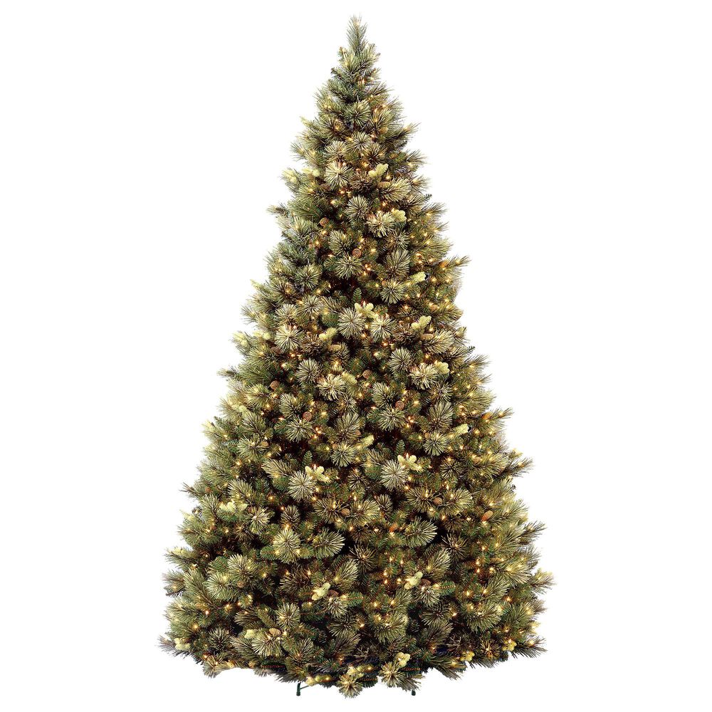 National Tree 12' Carolina Pine Hinged Tree with Flocked Cones and White Lights, , large