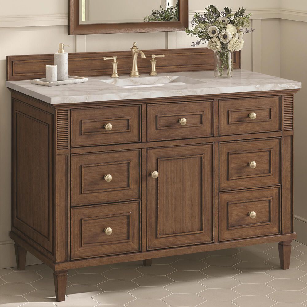James Martin Vanities Lorelai 48&quot; Single Vanity in Mid-Century Walnut with 3 cm Victorian Silver Quartz Top, , large