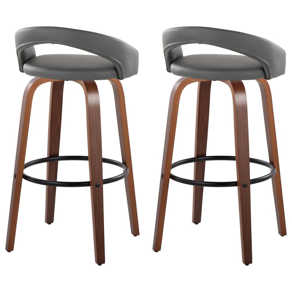 LumiSource Grotto Swivel Bar Stool with Grey Faux Leather Upholstery in Walnut Wood and Black (Set of 2), , large