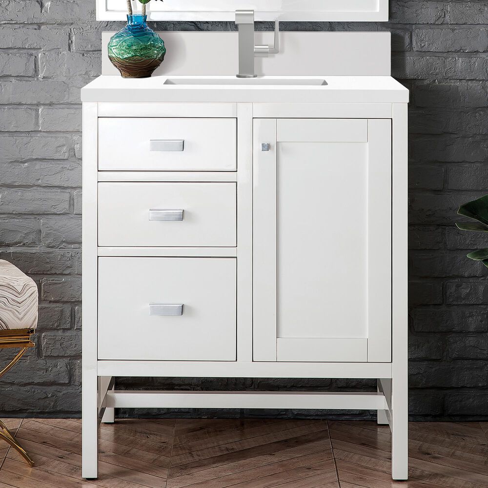 James Martin Vanities Addison 30&quot; Single Bathroom Vanity in Glossy White with Single Hole 3 cm White Zeus Quartz Top and Rectangular Sink, , large