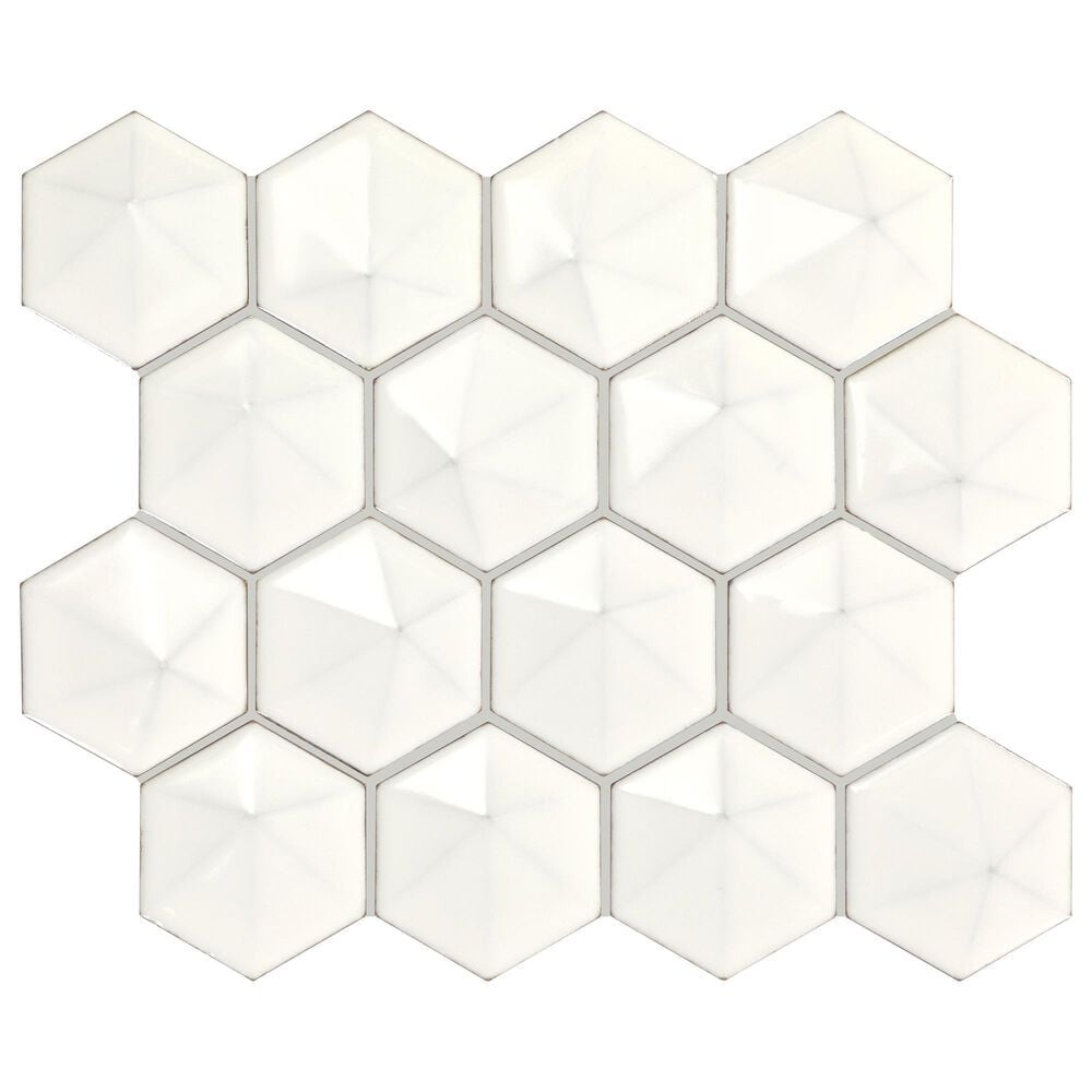 Dal-Tile Artefino Jewel Oyster 3" Pyramid Hexagon Apex on 11" x 12" Porcelain Mosaic Sheet, , large