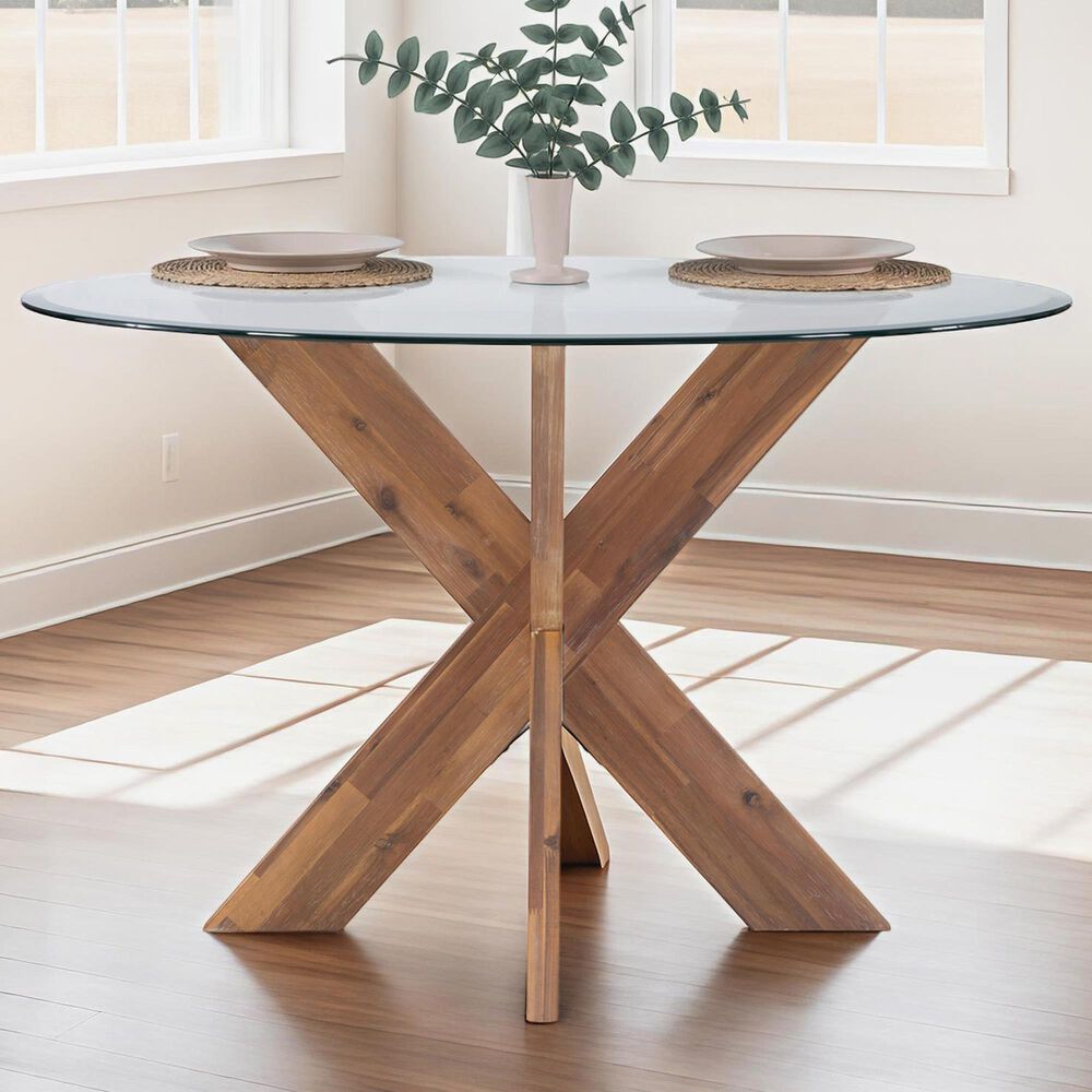 Linon Home Decor Adler X-Base Dining Table with Glass Top in Natural and Clear - Table Only, , large