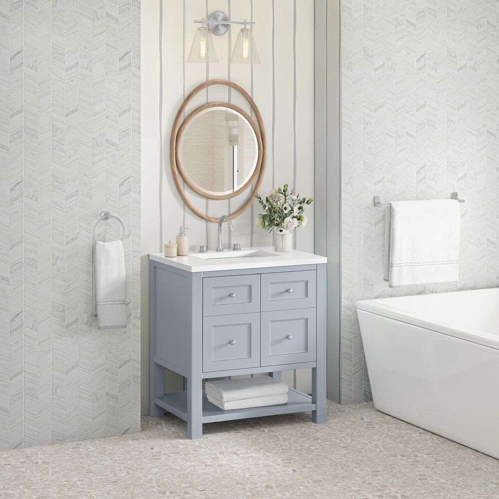 James Martin Vanities Breckenridge 30&quot; Single Bathroom Vanity in Serenity Blue with 3 cm White Zeus Quartz Top and Rectangular Sink, , large