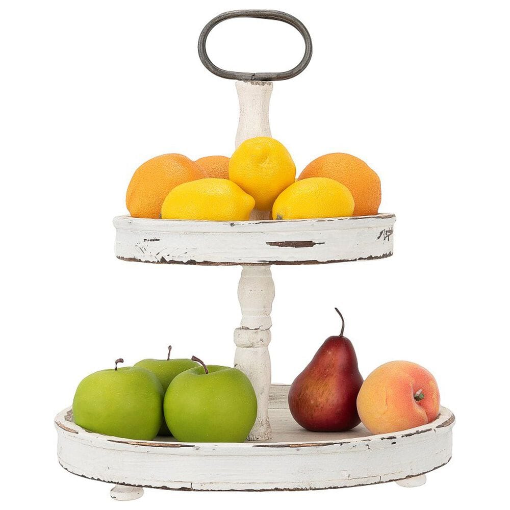 Creative Coop 2-Tier Tray with Metal Handle in Distressed Cream, , large