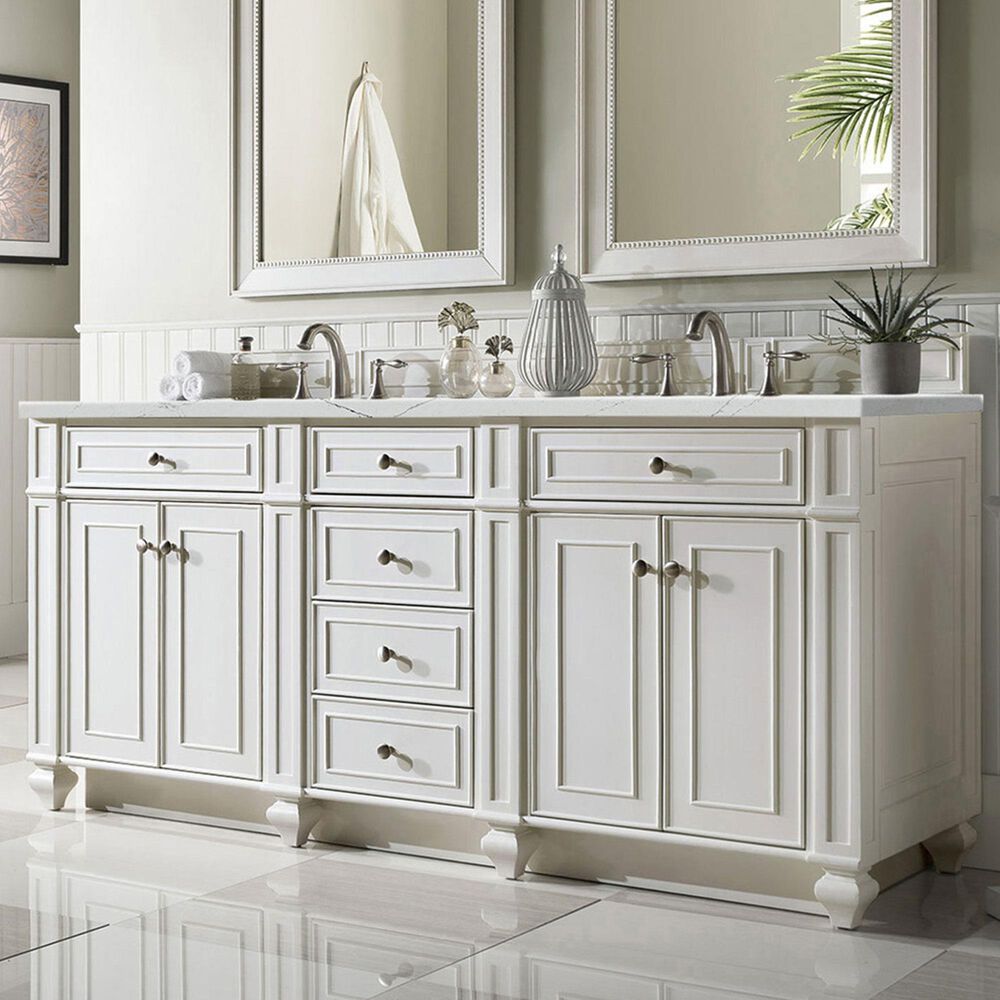 James Martin Vanities Bristol 72&quot; Double Bathroom Vanity in Bright White with 3 cm Carrara White Marble Top and Rectangular Sinks, , large