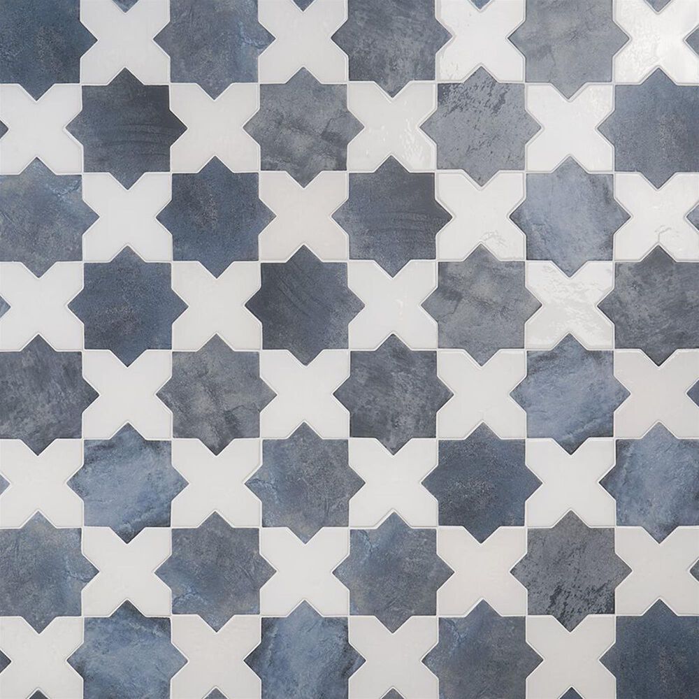 Soho Studio Malta Denim Blue Star Matte and White Cross Polished 6" x 6" Porcelain Tile Kit, , large