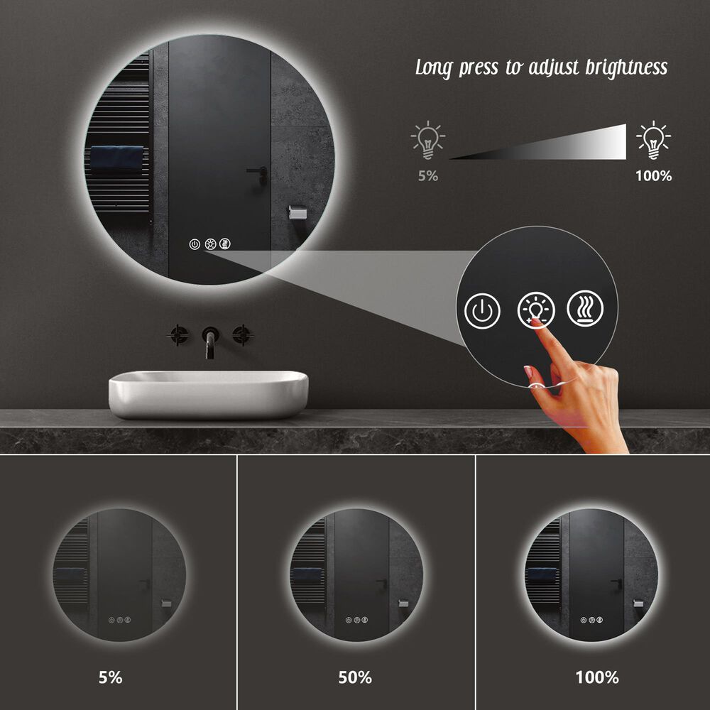 HOMLUX 36" Round Frameless LED Backlit Bathroom Vanity Mirror in Silver, , large
