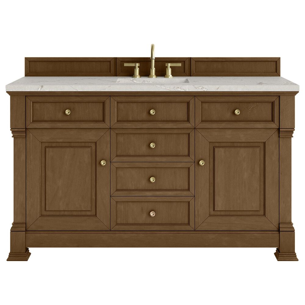 James Martin Vanities Brookfield 60" Single Bathroom Vanity in Honey Oak with 3 cm Victorian Silver Quartz Top, Rectangle Sink and FreePower Wireless Charger, , large