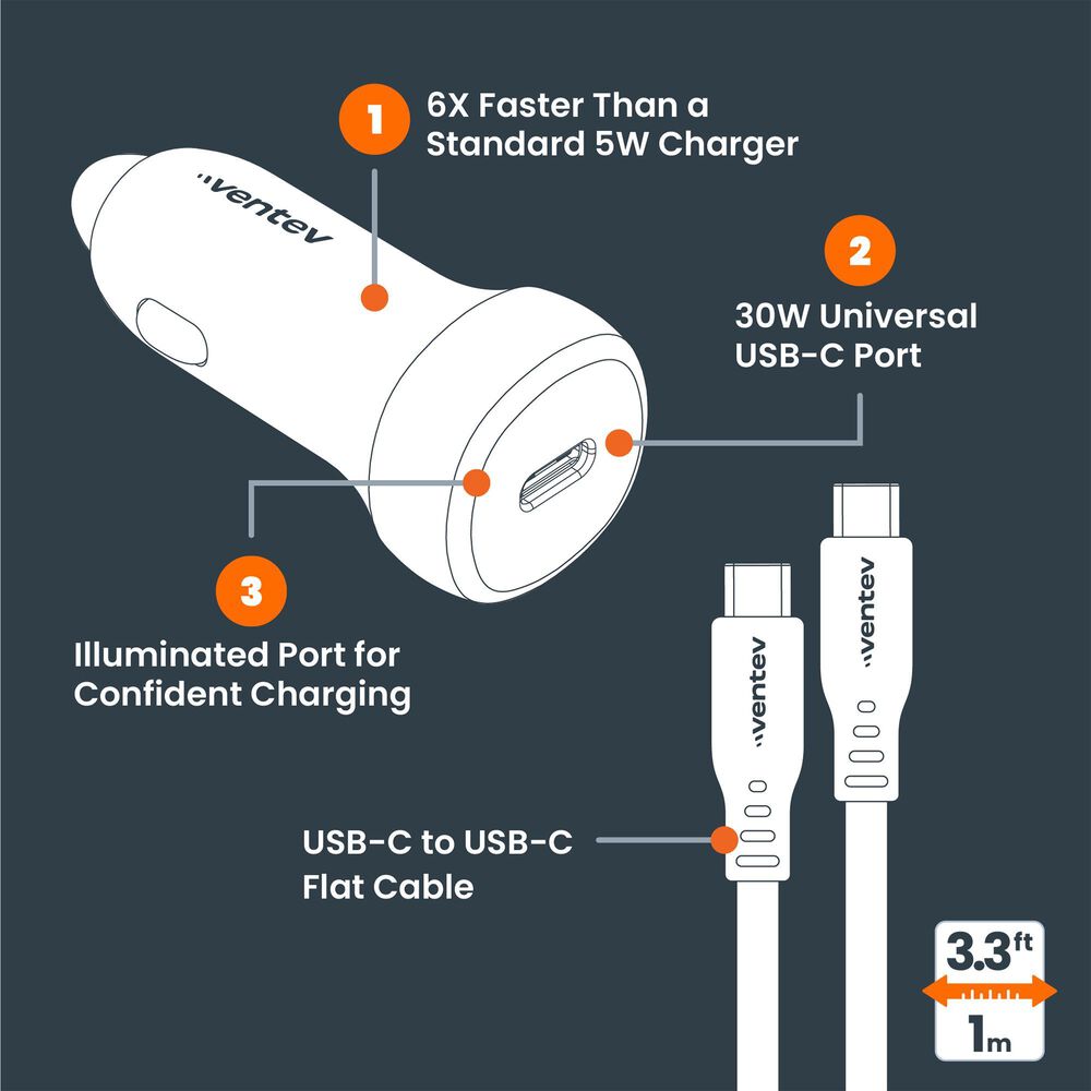 Ventev Ultrafast USB-C Universal Car Charger and Cable in Dark Gray, , large