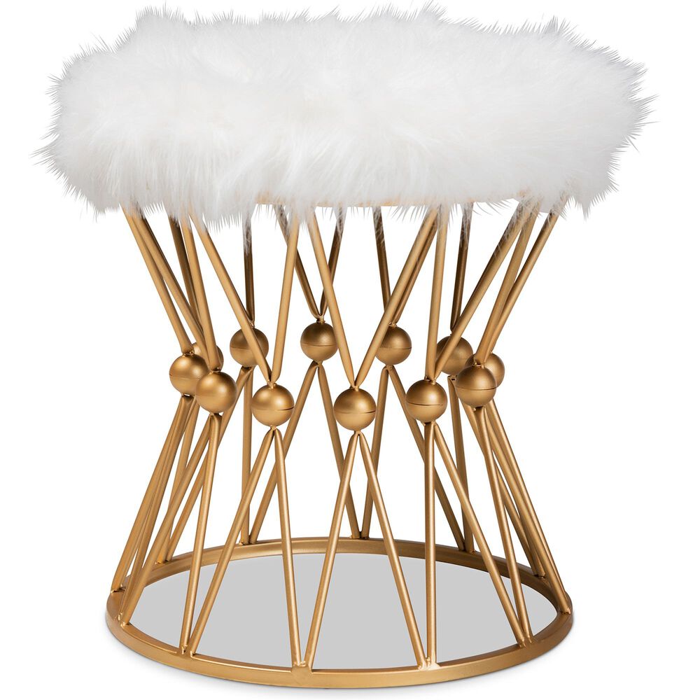 Baxton Studio Leonie Ottoman in White Faux Fur and Gold Finish, , large