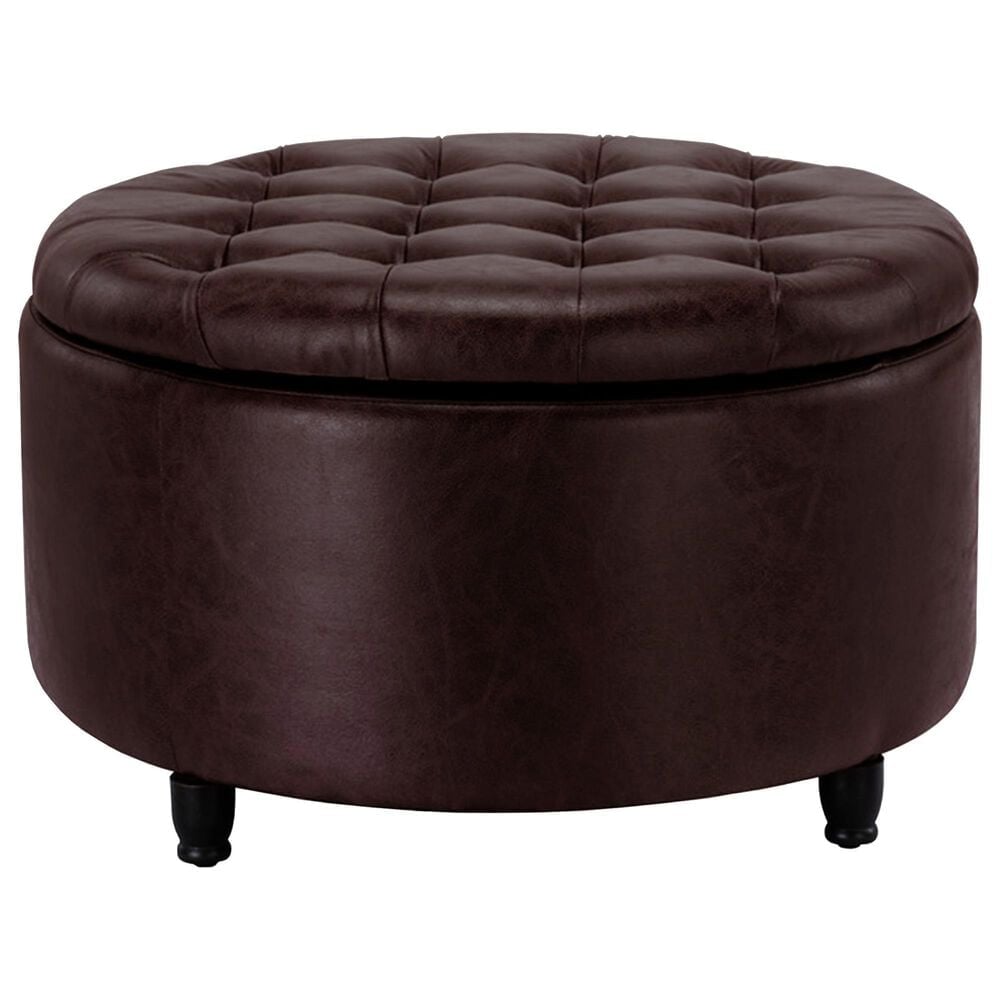 Regency Global Sourcing Knight 28" Round Storage Ottoman in Brown Faux Leather, , large