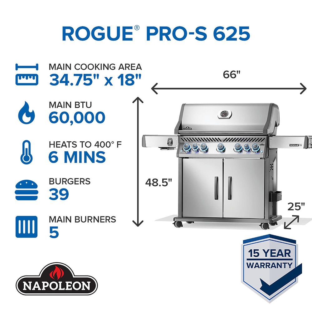 Napoleon Rogue PRO-S 625 RSIB Propane Gas Grill in Stainless Steel, , large