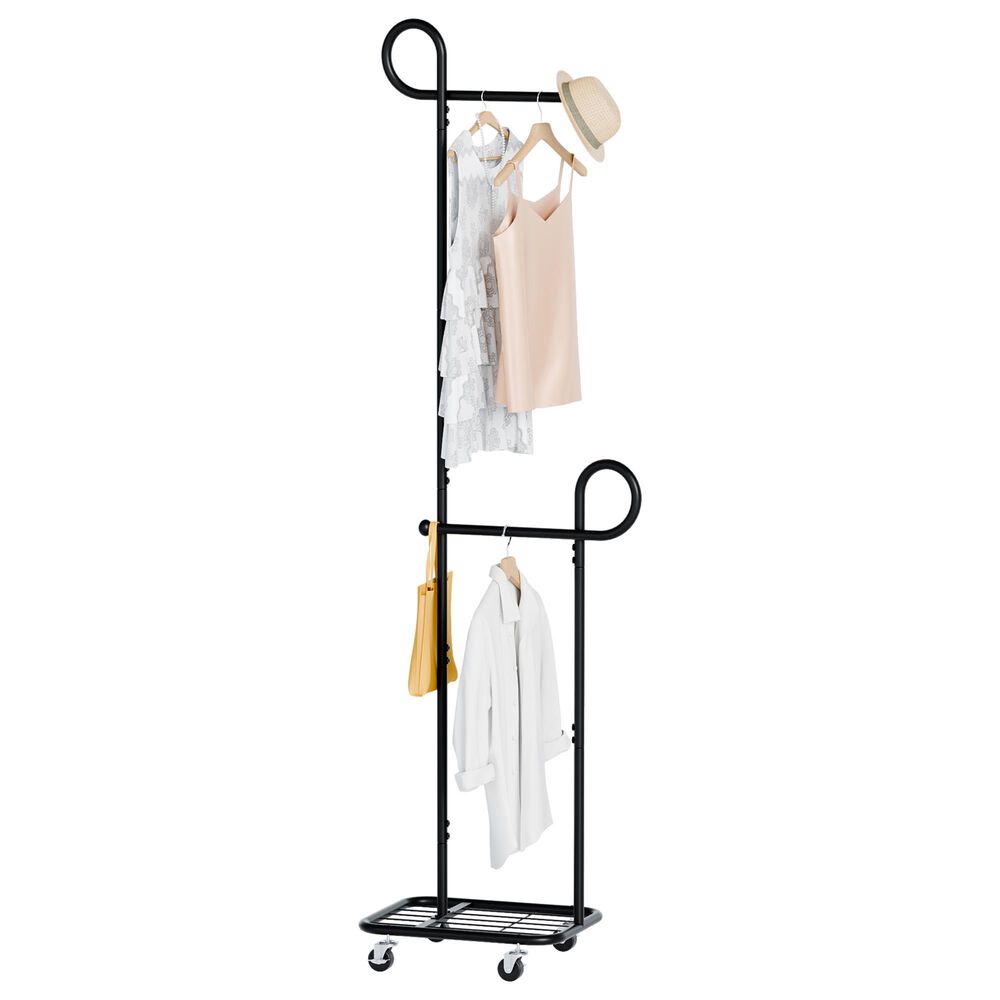 HOMLUX F-Shape Indoor Coat Rack with Lockable Wheeled Bases and Hat Hooks in Black, , large