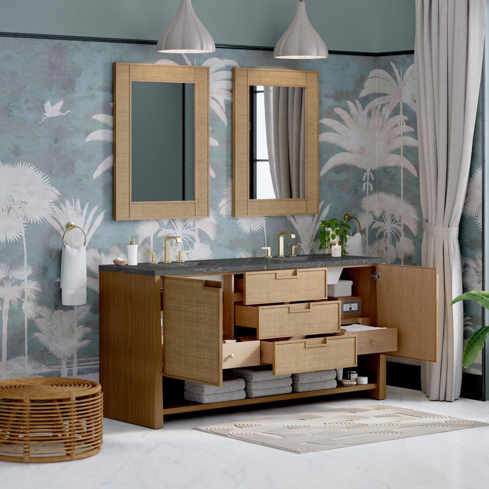 James Martin Vanities Solene 72&quot; Double Bathroom Vanity in Seaside Oak with 3 cm Parisien Bleu Quartz Top and Rectangular Sinks, , large