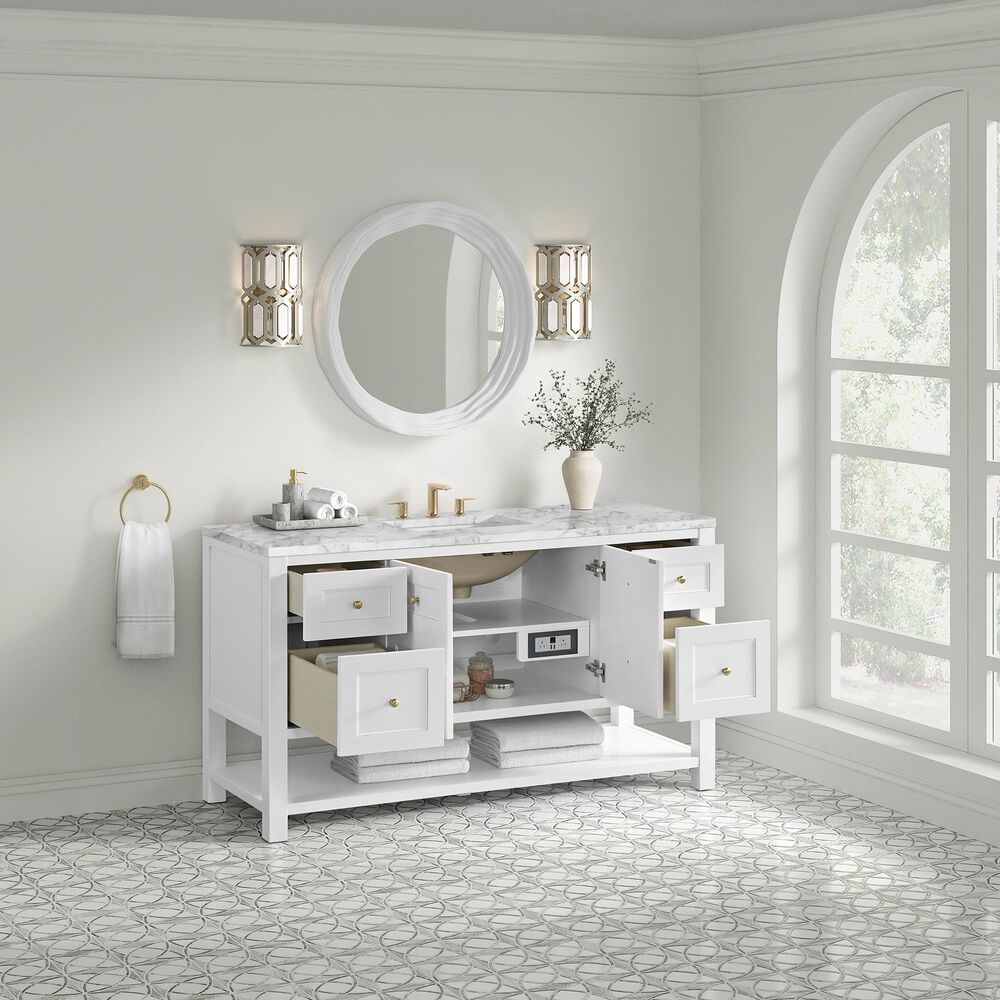 James Martin Vanities Breckenridge 60" Single Bathroom Vanity in Bright White with 3 cm Carrara White Marble Top and Rectangular Sink, , large