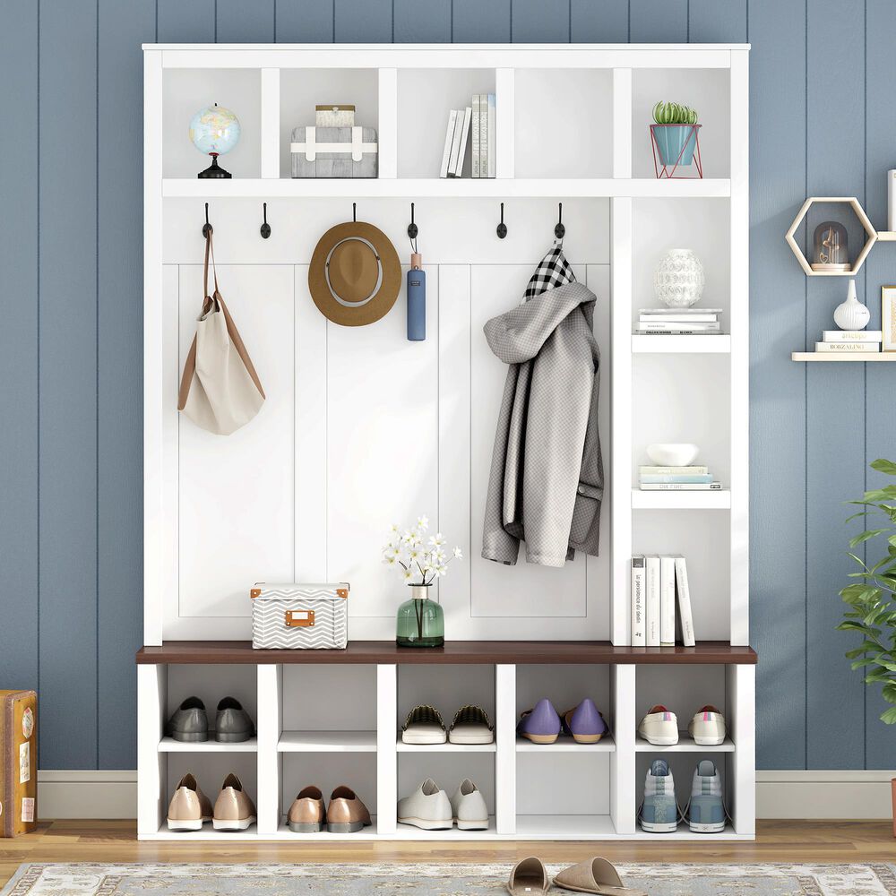 HOMLUX 6-Hook Hall Tree with Cubbies in White, , large