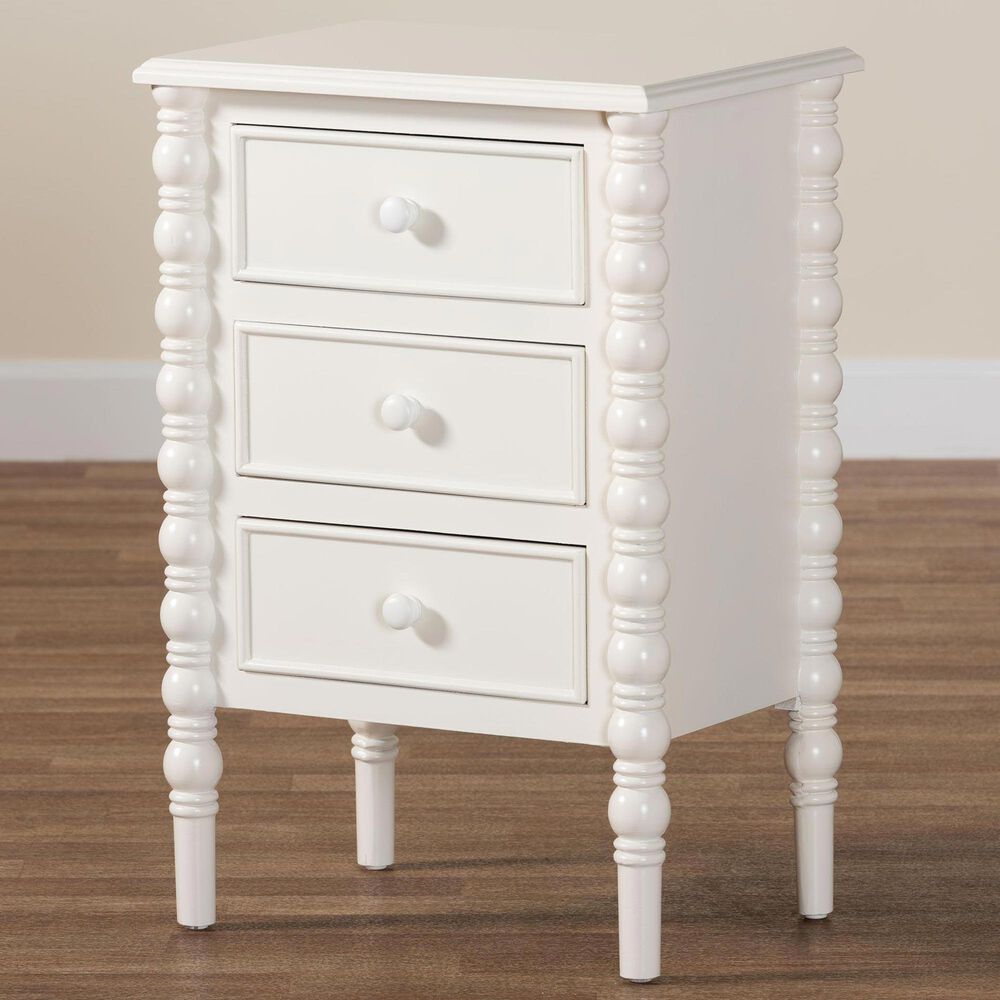 Baxton Studio Malinda 3-Drawer End Table with Spindle Legs in White, , large