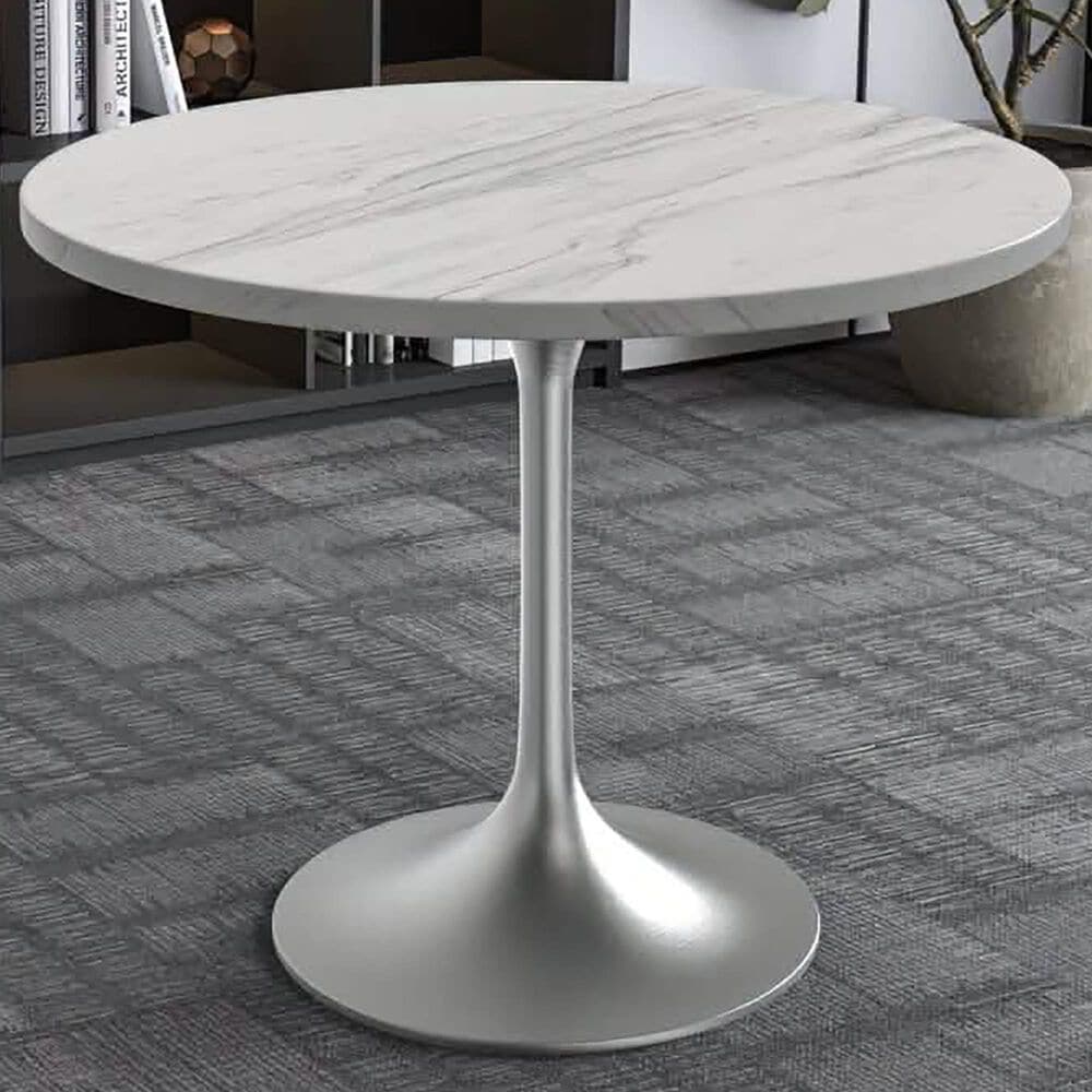 Leisuremod LeisureMod Verve Collection 36 Round Dining Table, Brushed Gold Base with Laminated White Marbleized Top, , large