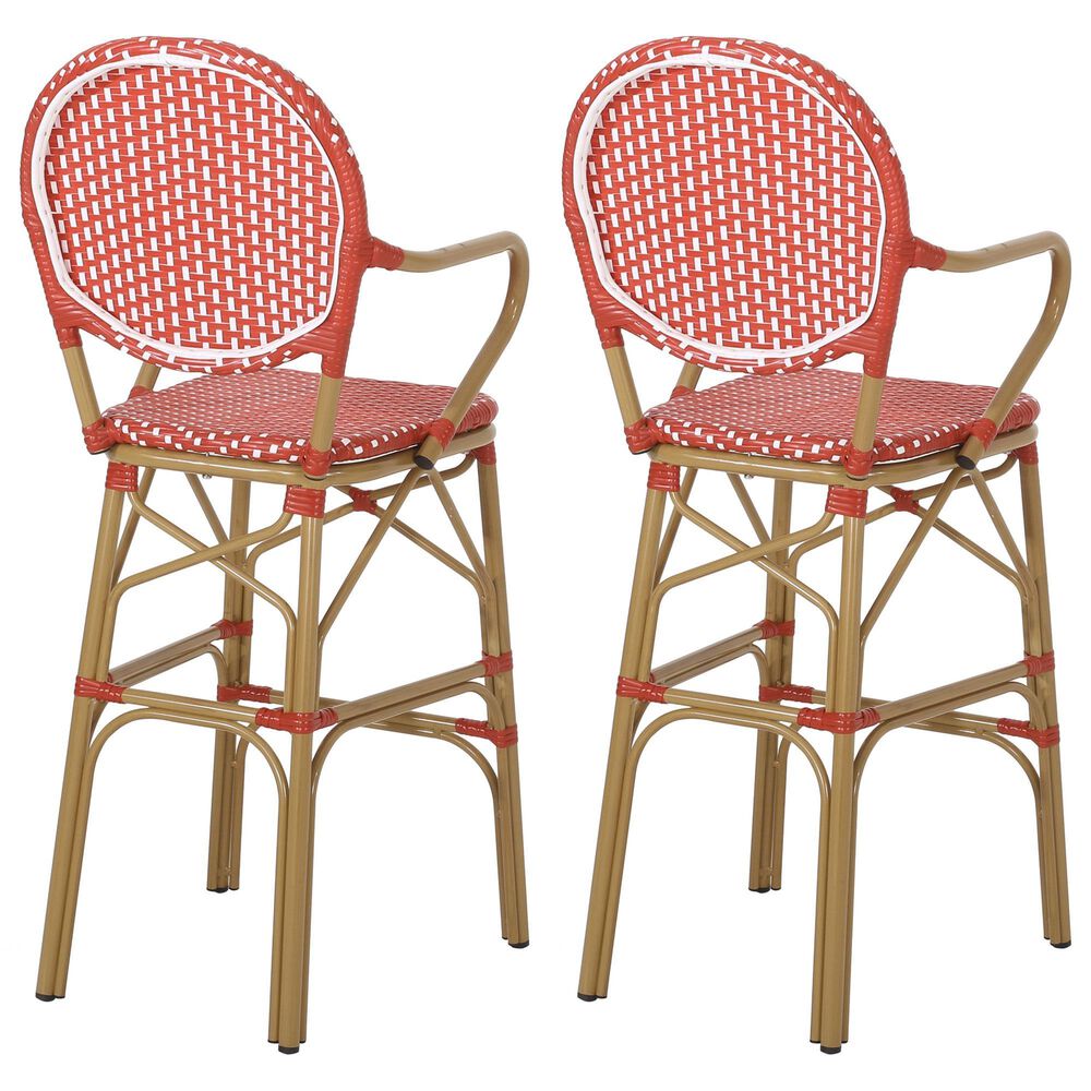 Hearth and Haven Outdoor Wicker French Barstool with Curved Design in Red (Set of 2), , large