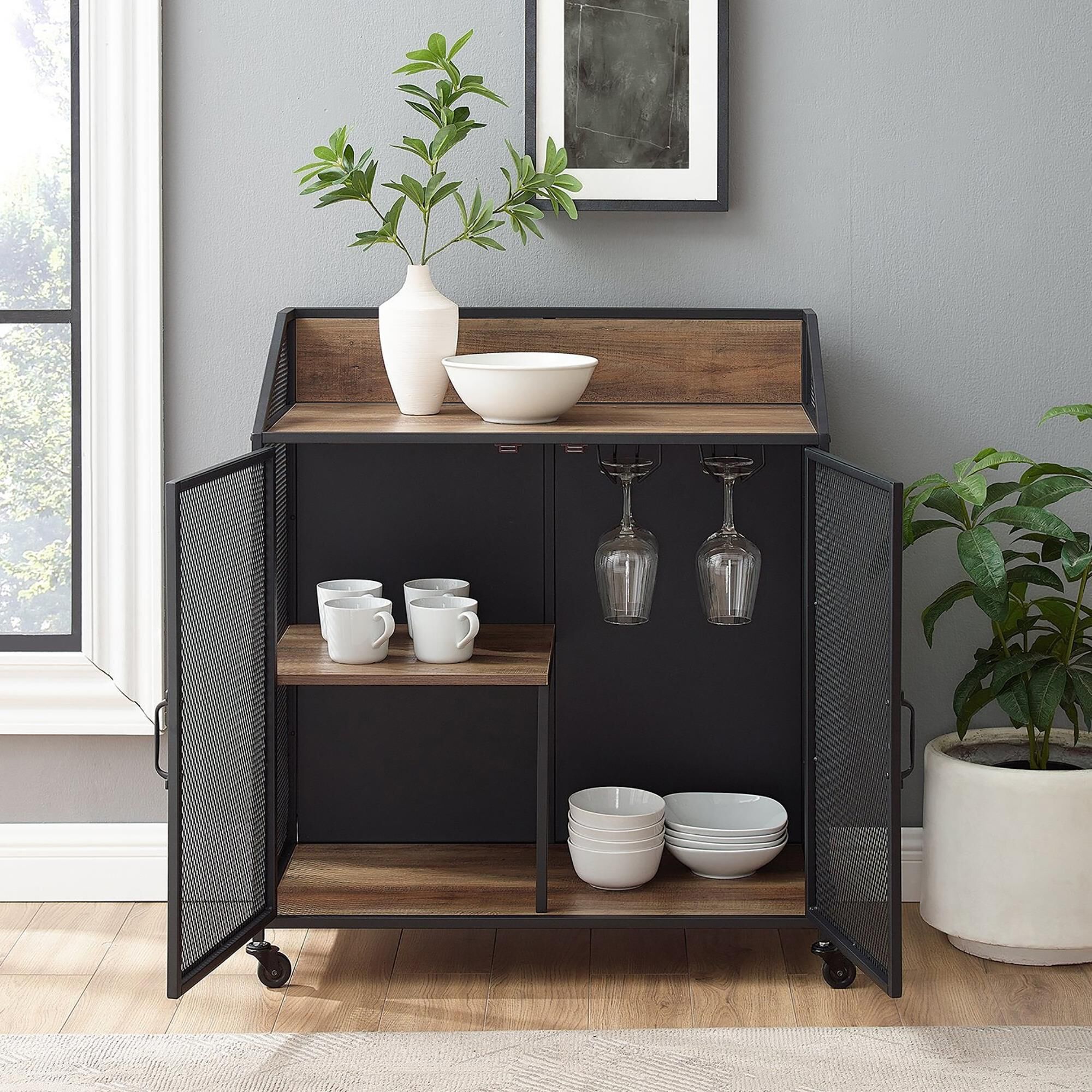 Walker Edison Sona Bar Cabinet in Black and Rustic Oak