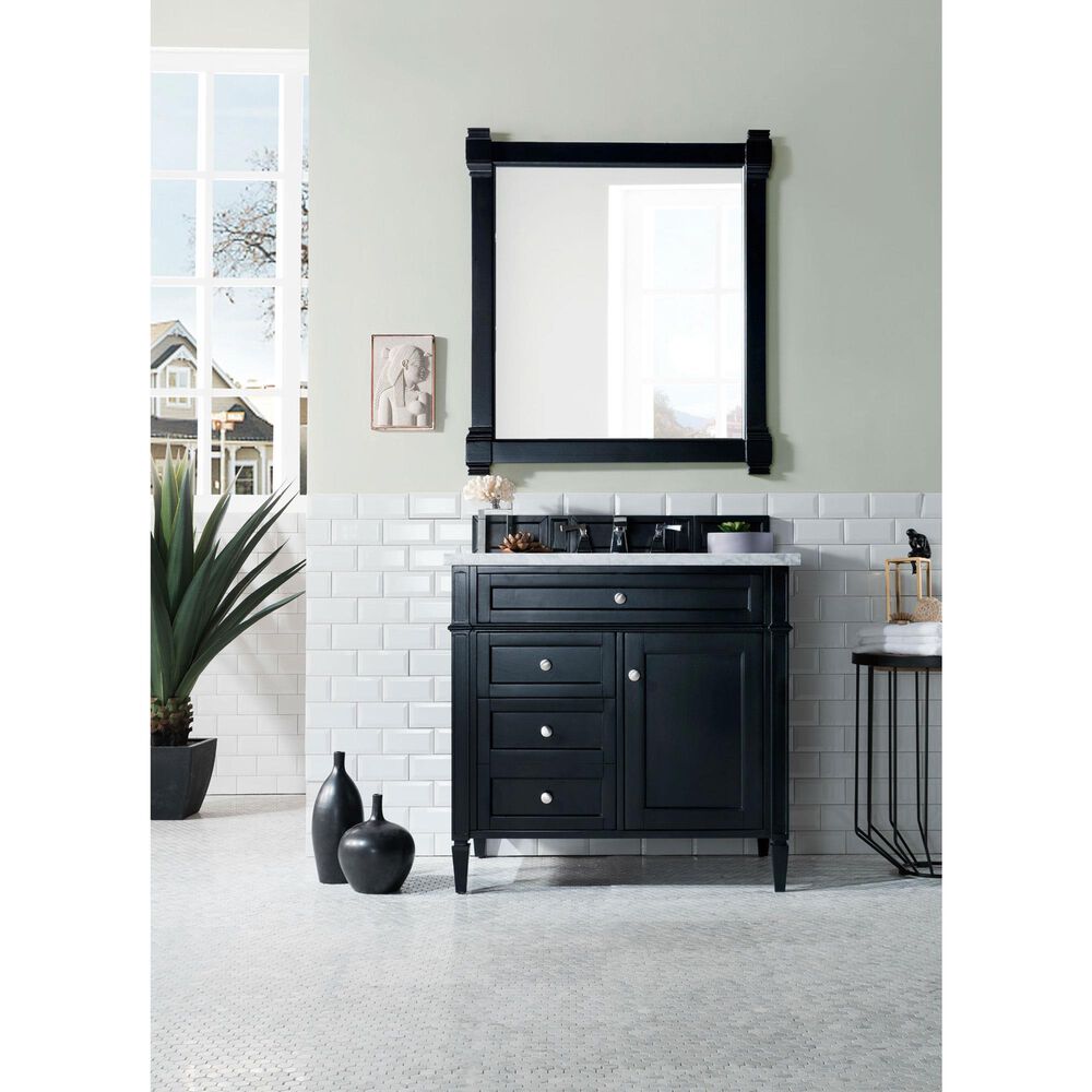 James Martin Vanities Brittany 36&quot; Single Bathroom Vanity in Black Onyx with 3 cm Carrara White Marble Top and Rectangle Sink, , large