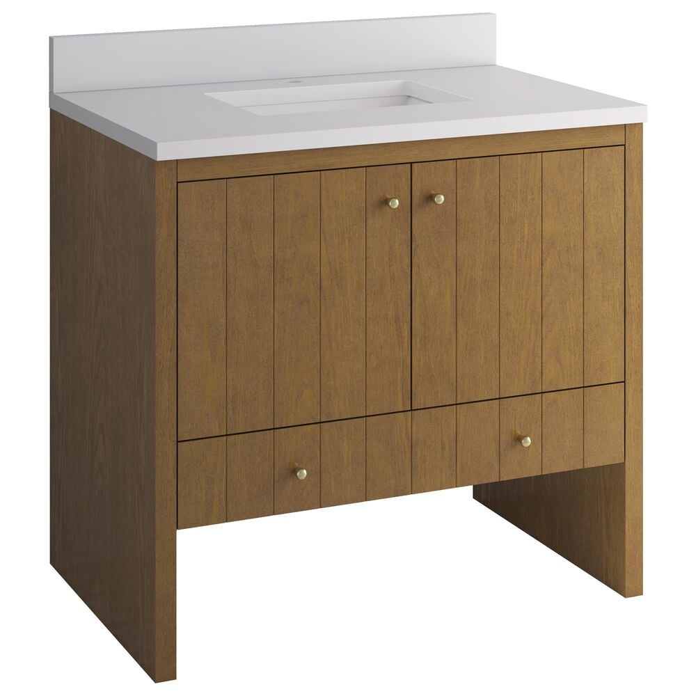 James Martin Hudson 36" Single Bathroom Vanity in Honey Oak with Single Hole 3 cm White Zeus Silestone Top and Rectangular Sink, , large
